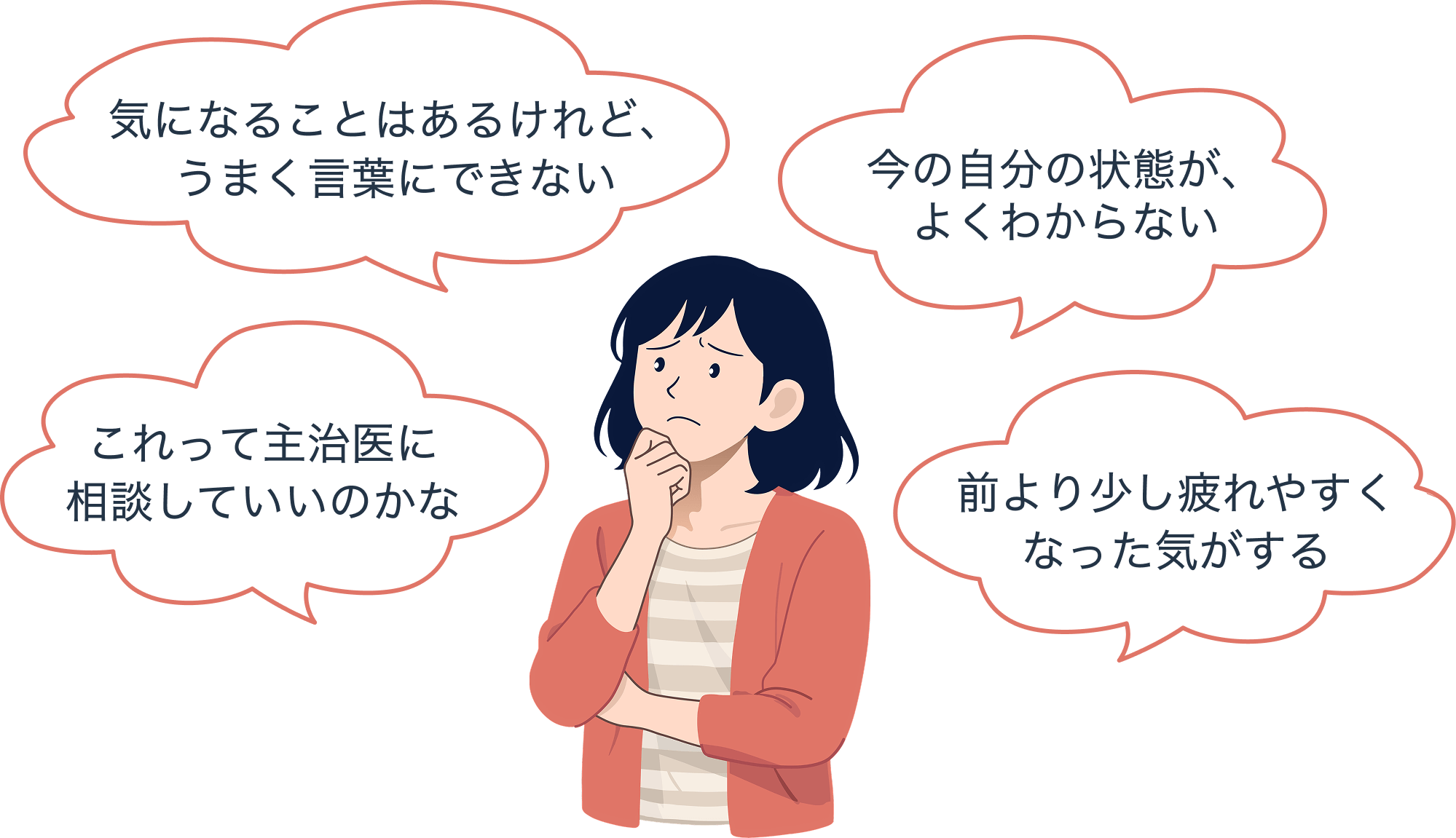 気になることを思い浮かべる女性のイラスト