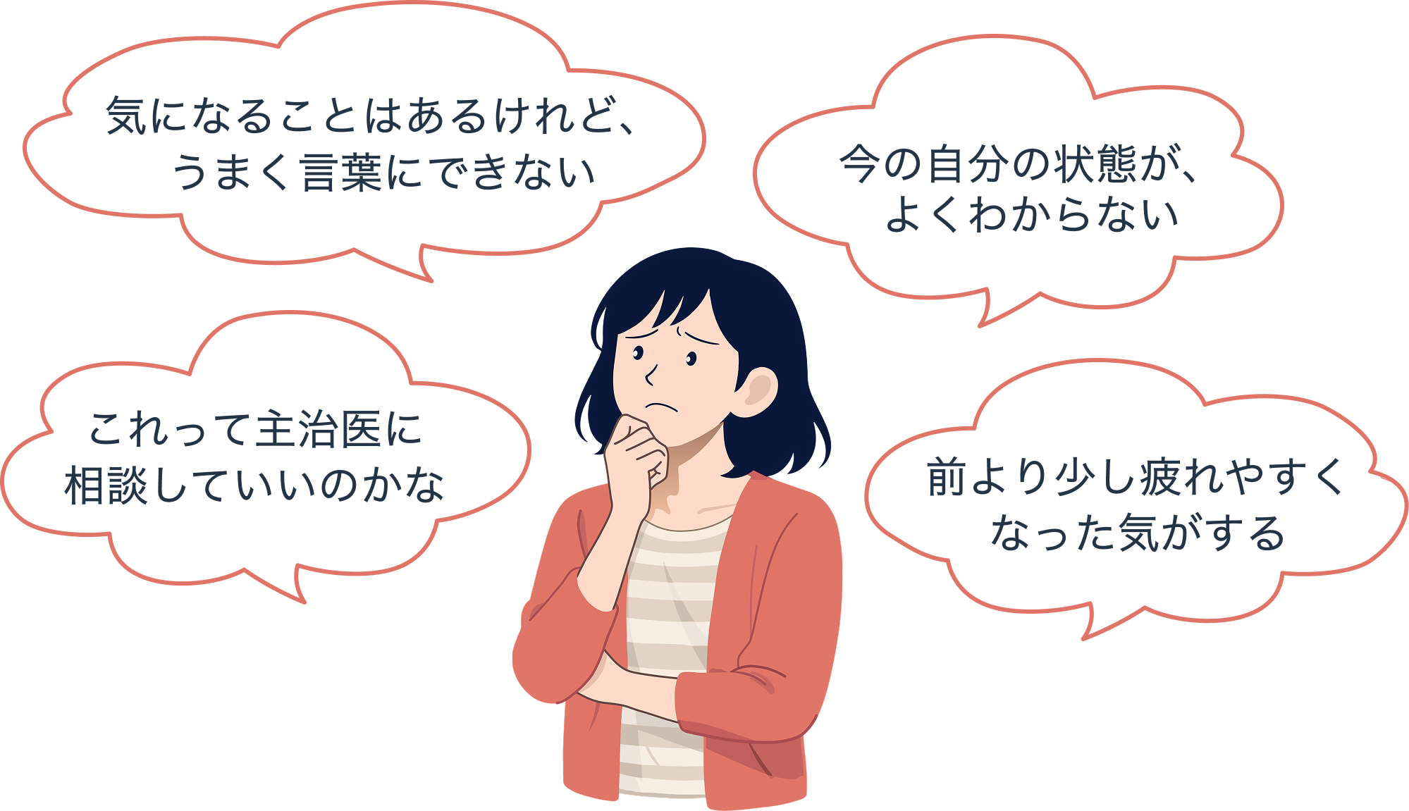 気になることを思い浮かべる女性のイラスト